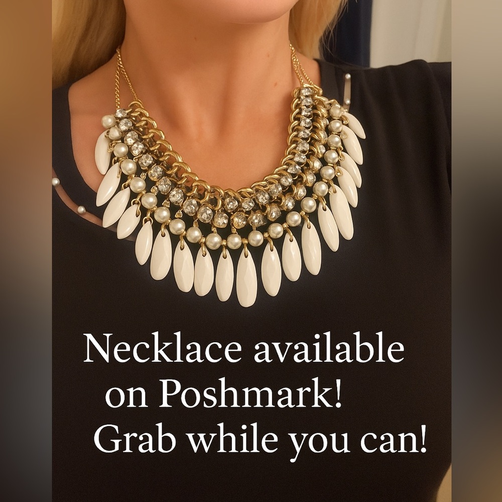 Bold Gold Statement Bib Necklace | Crystal, Pearl & White Teardrop Accents ⭐️